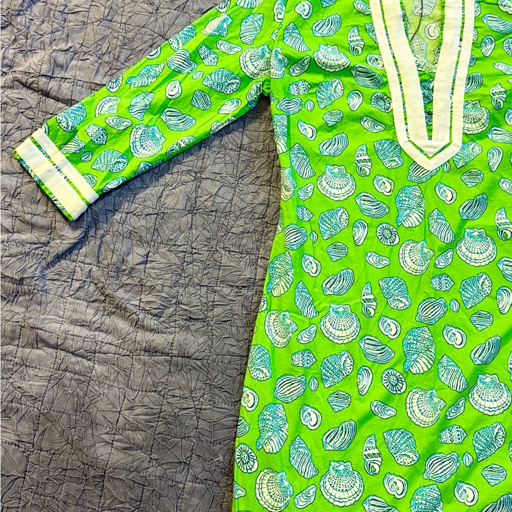 Vtg Lauren Gold Tunic Dress Lime Green Seashell Print Cotton Resort Beach Sz 10 - Picture 4 of 12